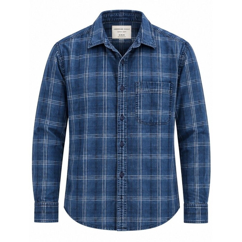 American Eagle Mens Medium Blue White Plaid Super Soft Button Down Shirt